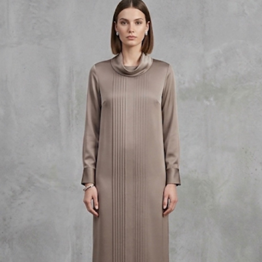 Caron Chicago Midi Dress Women 12 Taupe Cowl Neck Pintuck Pleat Vintage‎ Elegant